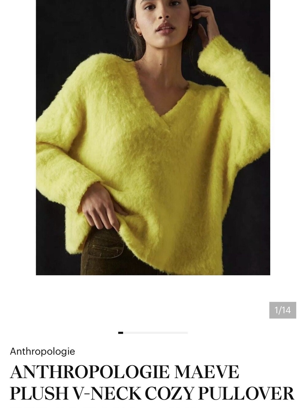 NWOT Anthropology Plush V-Neck Sweater in Bright Yellow - Picture 2 of 5